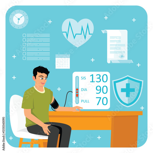 Man checking blood pressure at home using modern medical devices. Online health service concept