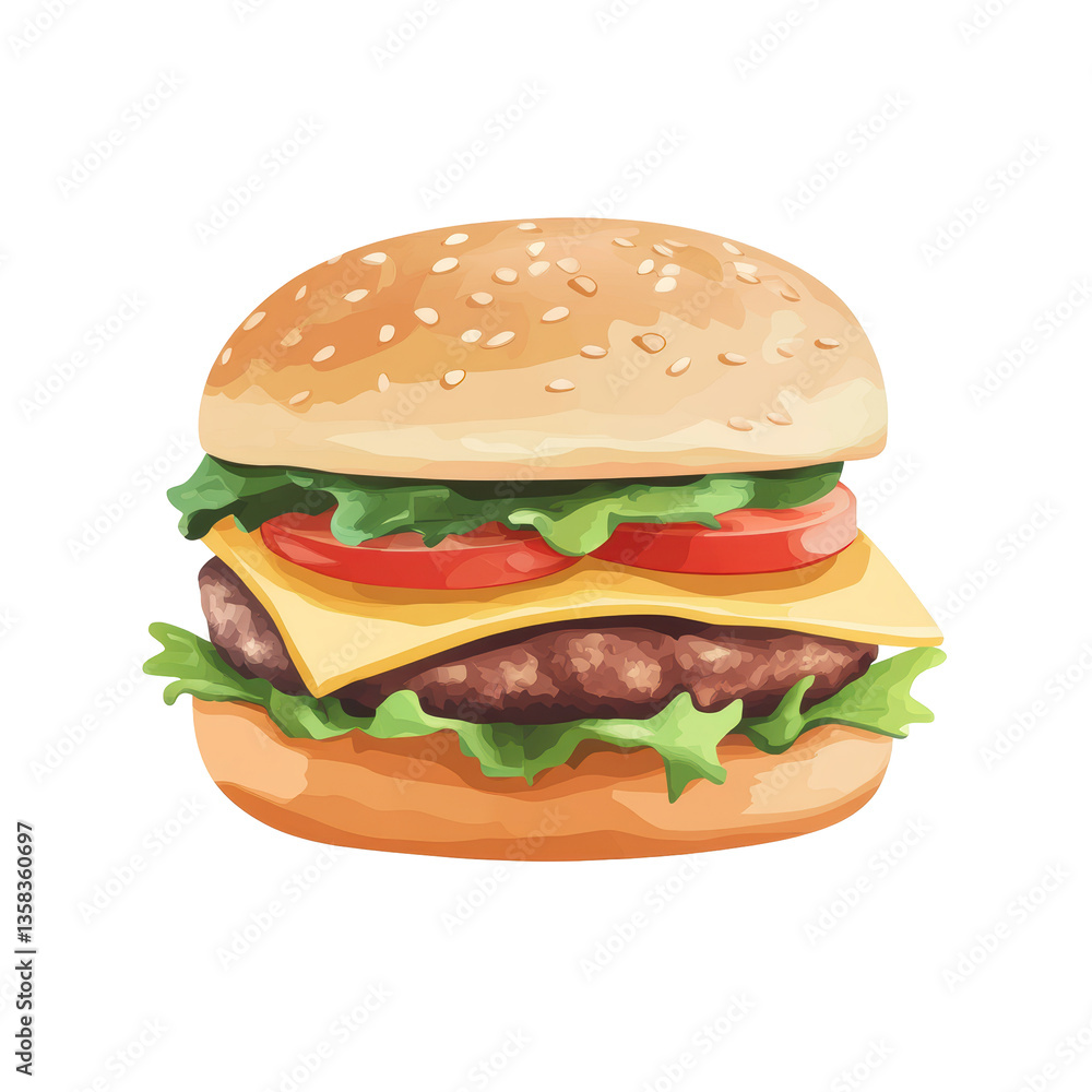 Delicious cheeseburger with lettuce and tomato on sesame seed bun Delicious cheeseburger with lettuce and tomato on sesame seed bun