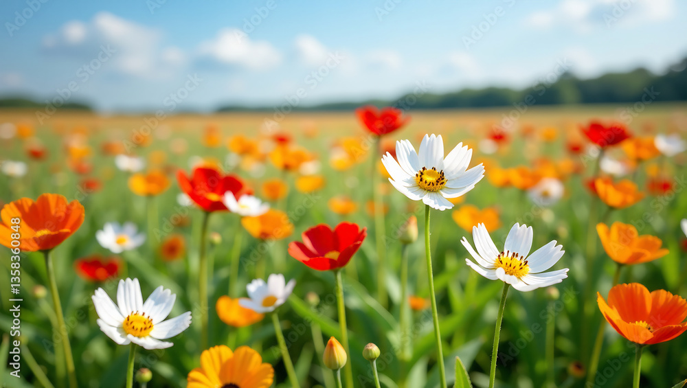 A field of wildflowers in full bloom, with a clear blue sky in the background, representing the beauty of summer landscapes. A field of wildflowers in full bloom, with a clear blue sky in the background, representing the beauty of summer landscapes.