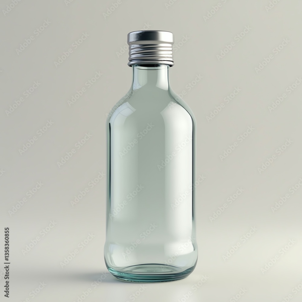 Minimalistic clear glass bottle with a metal cap on a soft gray background. Minimalistic clear glass bottle with a metal cap on a soft gray background.