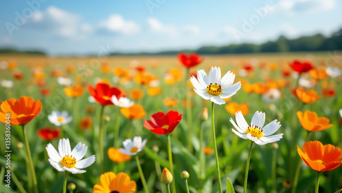 Fototapeta Naklejka Na Ścianę i Meble -  A field of wildflowers in full bloom, with a clear blue sky in the background, representing the beauty of summer landscapes.