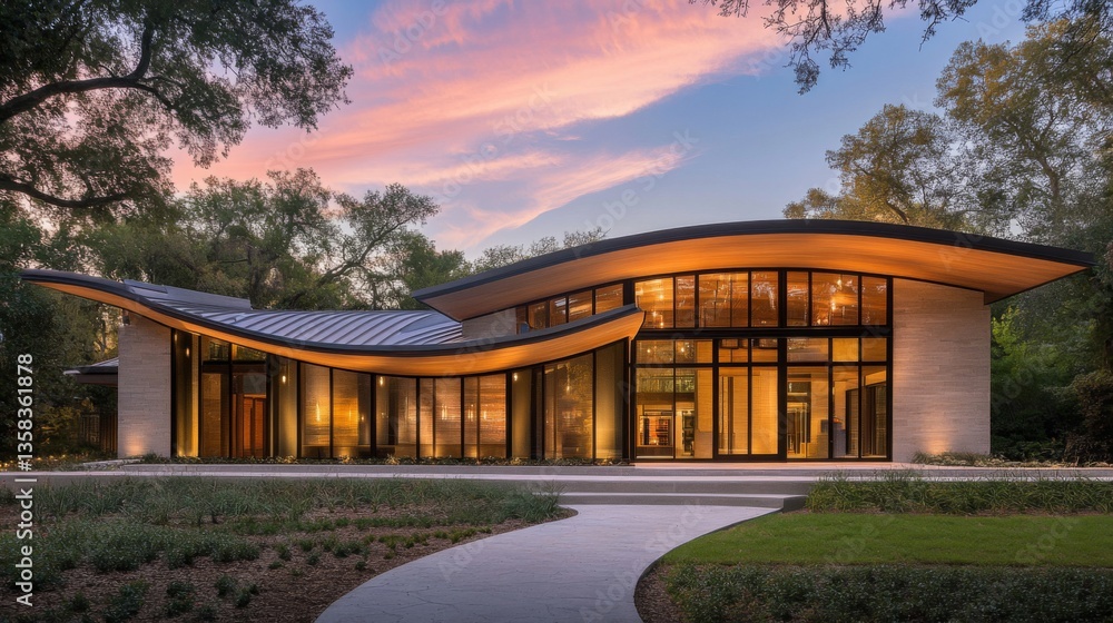 Fototapeta premium Modern Curvy House Exterior at Sunset
