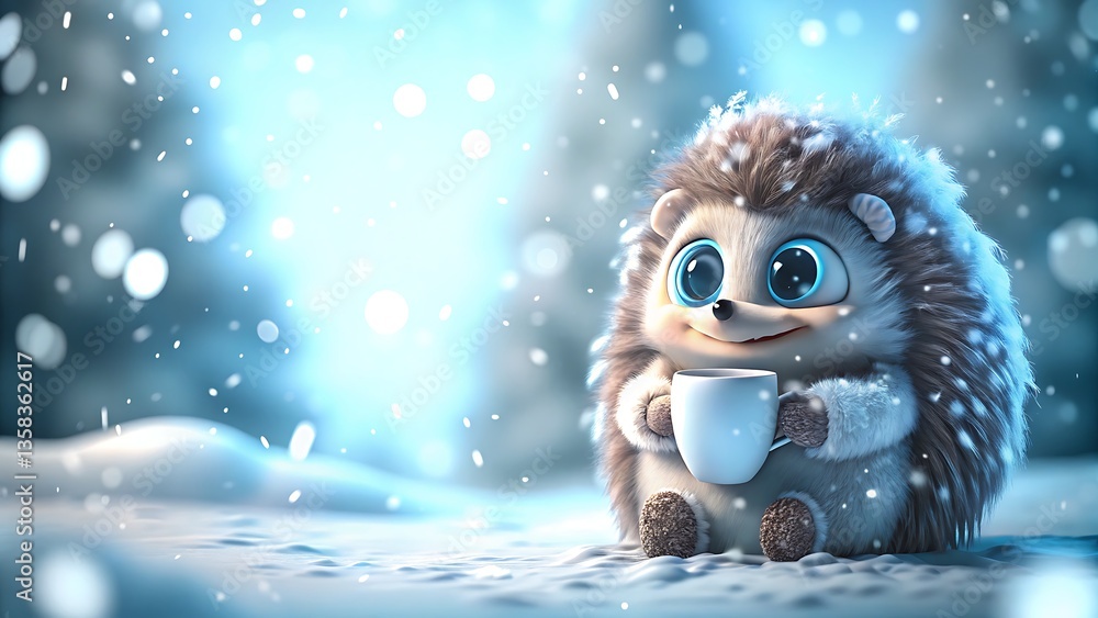 A cartoon hedgehog holding a white mug in a snowy landscape with falling snowflakes and a bright background A cartoon hedgehog holding a white mug in a snowy landscape with falling snowflakes and a bright background