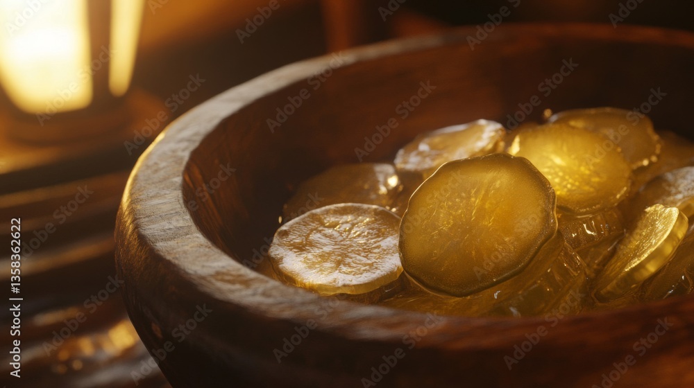 Golden Pickled Cucumber Slices in Rustic Wooden Bowl Golden Pickled Cucumber Slices in Rustic Wooden Bowl