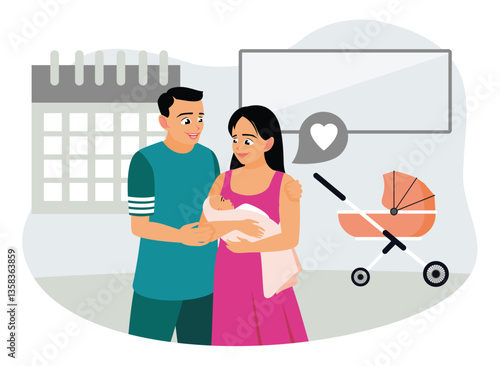 Happy young parents leave work to care for their newborn baby.