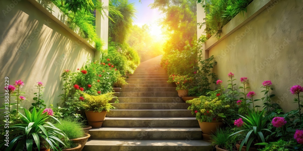 Sunlit Stone Steps Ascending Through a Lush, Vibrant Garden with Blooming Flowers in Terracotta Pots Sunlit Stone Steps Ascending Through a Lush, Vibrant Garden with Blooming Flowers in Terracotta Pots