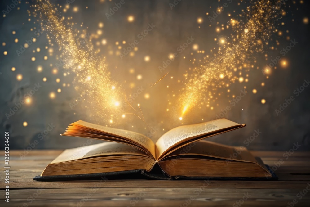 Open Book with Magical Golden Dust and Sparkling Particles on Wooden Surface Open Book with Magical Golden Dust and Sparkling Particles on Wooden Surface