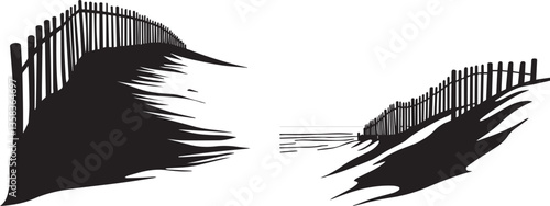 Silhouette of a large sand dune with a beach fence leading to the ocean, symbolizing nature and scenery vector silhouette