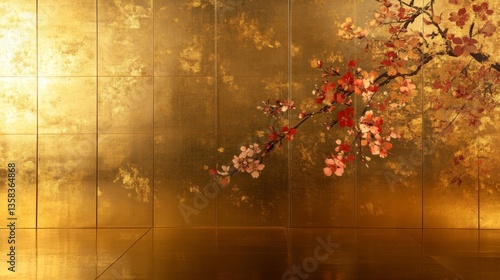 Golden Floral Branch on Metallic Background