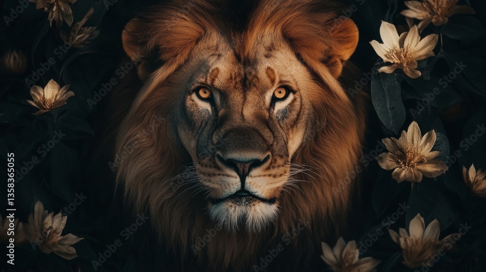 Fototapeta premium Majestic Lion Portrait Among Golden Flowers