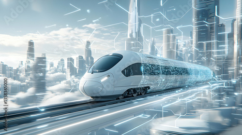 Futuristic high-speed train races through a digitized cityscape symbolizing technological advancements. It would fit in an urban transportation campaign.
