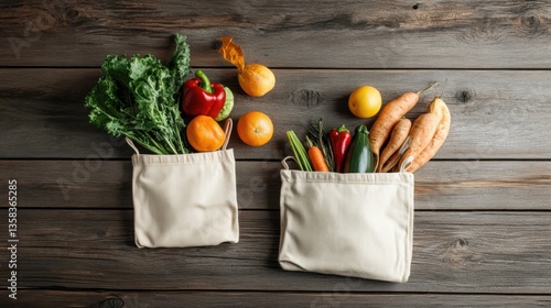Fototapeta Naklejka Na Ścianę i Meble -  lifestyle flatlays Plant-Based Diet and Alternative Proteins clean. Fresh Produce in Reusable Bags on Wooden Surface
