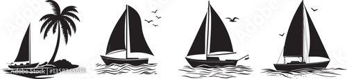 Silhouette of a boat sailing near the beach, representing adventure and travel vector silhouette