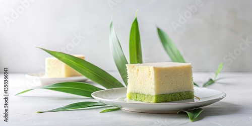 Wallpaper Mural A delightful two-layered cake, creamy white atop a vibrant green base, rests on an elegant plate, adorned with lush green leaves creating a serene and appetizing scene. Torontodigital.ca