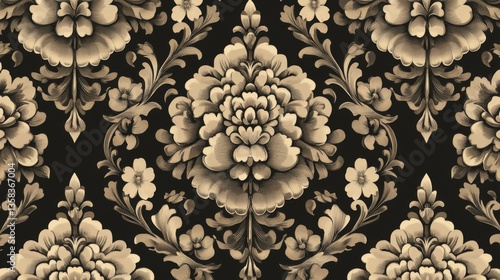 Beige And Black Floral Damask Seamless Pattern