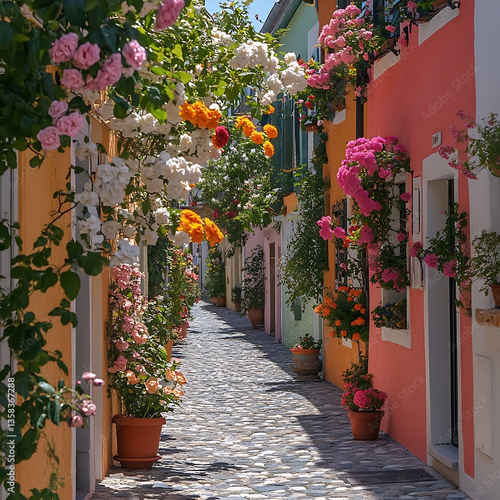 Naklejka premium A narrow cobblestone street framed by colorful buildings and flowers
