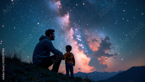 An image of a father and child looking at the stars together, representing a sense of wonder and shared exploration.