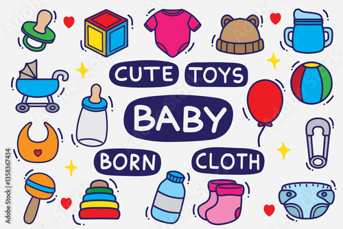 set of baby doodle with color good for background, wallpaper, element design, icon, etc