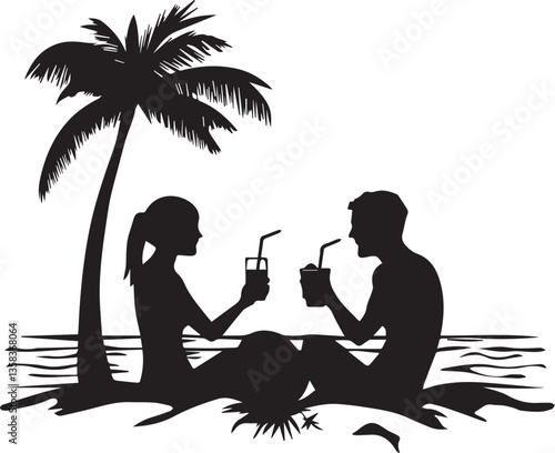 Silhouette of a couple holding coconut drink with a straw on the beach, symbolizing vacation vector silhouette
