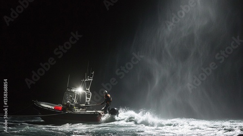 Rescue operation, small boat, stormy sea, illuminated spotlight, crashing waves, urgent assistance, reaching for help, relief