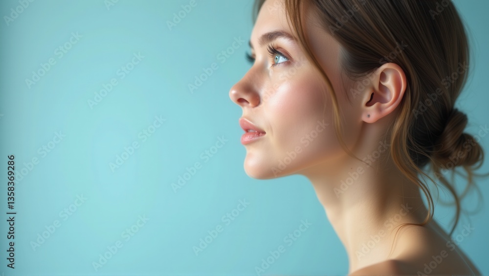 A profile portrait of a woman with natural makeup, showcasing her clear skin, delicate features, and a soft bun hairstyle, set against a soft blue background. Generative, AI, A profile portrait of a woman with natural makeup, showcasing her clear skin, delicate features, and a soft bun hairstyle, set against a soft blue background. Generative, AI,