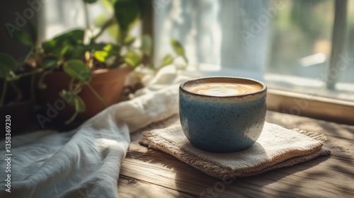 Lifestyle flat lays of Mental Health and Mindfulnes. Blue Mug of Coffee on Wooden Table by Window