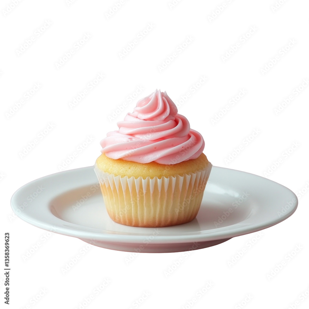 A pink frosted cupcake with a pink swirl on top sits on a white plate A pink frosted cupcake with a pink swirl on top sits on a white plate
