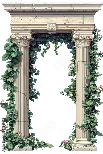 A classical stone archway, adorned with intricate details and delicate climbing ivy, epitomizes timeless elegance and architectural artistry.