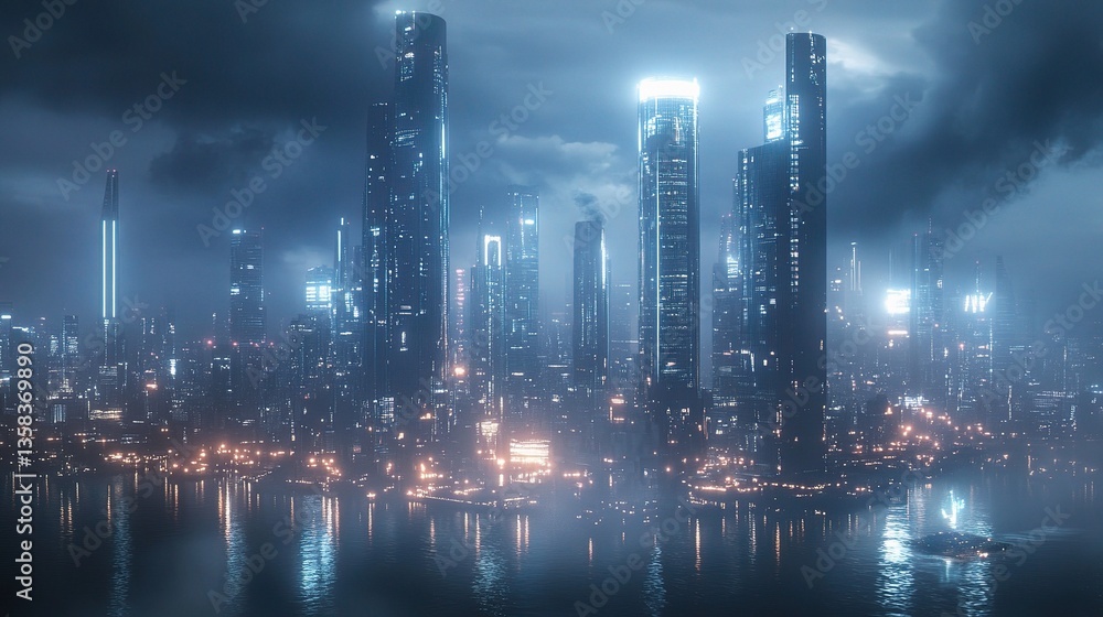 Fototapeta premium Modern Skyscrapers in Business District Under Dramatic Night Sky