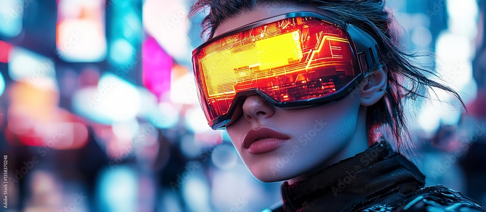 A woman wearing futuristic goggles with illuminated virtual display A woman wearing futuristic goggles with illuminated virtual display