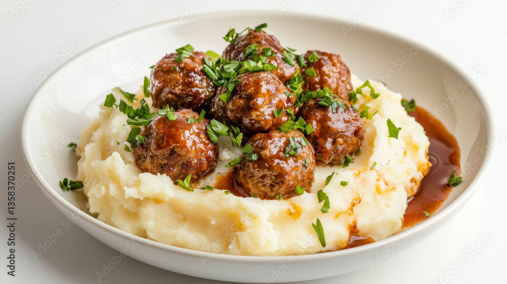 Creamy mashed potatoes topped with savory meatballs and garnished with fresh herbs create comforting and delicious dish Creamy mashed potatoes topped with savory meatballs and garnished with fresh herbs create comforting and delicious dish