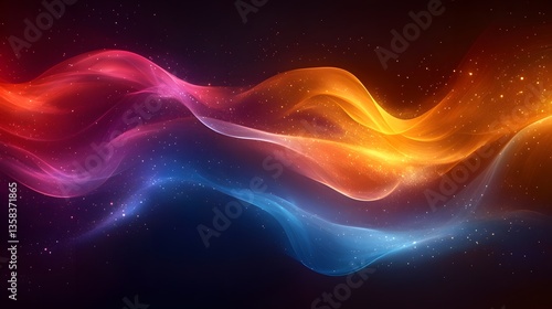 Abstract horizontal waves of glowing, ethereal smoke and light in warm red, orange, and cool blue colors, set on a dark, cosmic background.