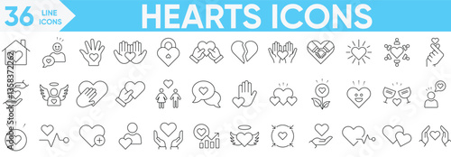 Hearts icon set.heartbeat, caring, passion, hands, donations, hearts, unity, Love icon, Interaction, healthcare, emotional, like, charity and more.Vector and illustrator set.