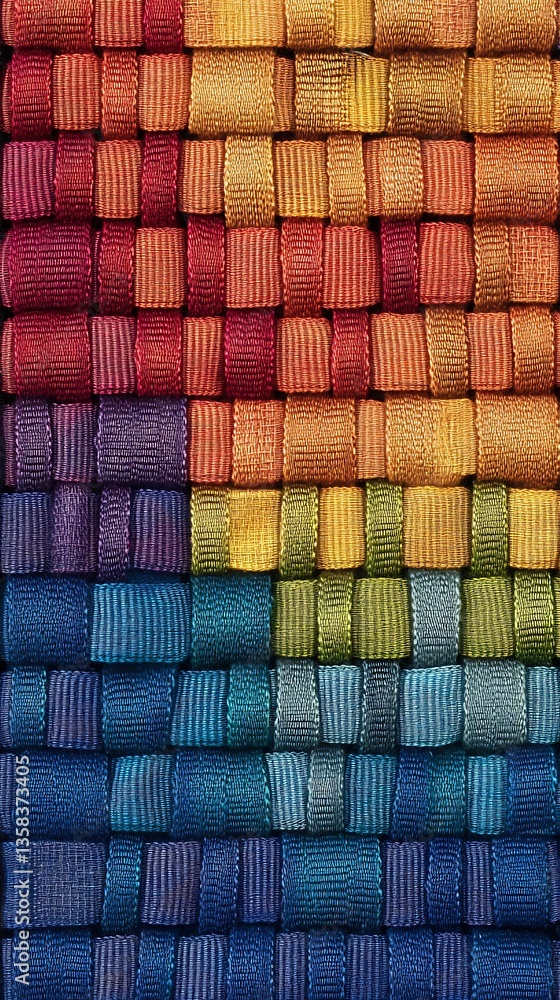 A detailed close up shows woven colorful ribbon textures together A detailed close up shows woven colorful ribbon textures together