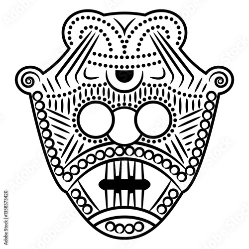 Ethnic Viking mask from ancient Denmark. Stylized human face. Norse mythology. Deity Loki or Odin. Black and white linear silhouette.