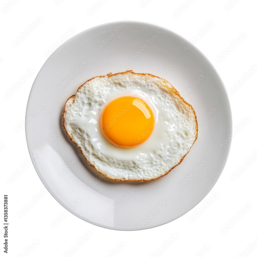 A white plate with a fried egg on it A white plate with a fried egg on it