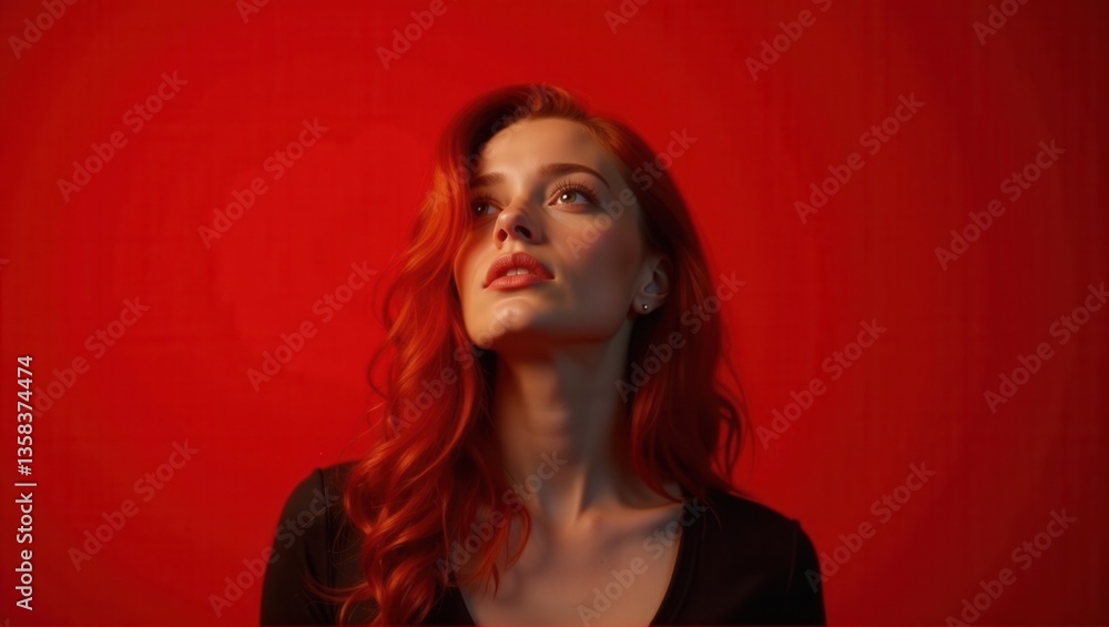 A portrait of a woman with striking red hair, against a vibrant red background. Her expression is confident and calm, with flawless skin and bright blue eyes. Generative, AI, A portrait of a woman with striking red hair, against a vibrant red background. Her expression is confident and calm, with flawless skin and bright blue eyes. Generative, AI,