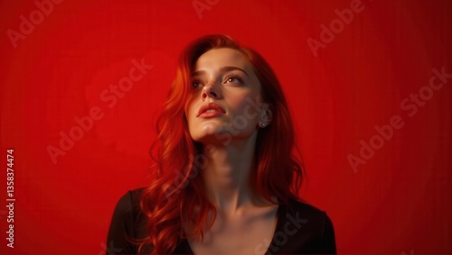 A portrait of a woman with striking red hair, against a vibrant red background. Her expression is confident and calm, with flawless skin and bright blue eyes. Generative, AI,