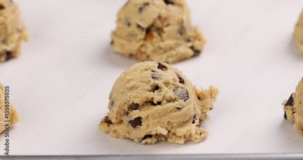 Making chocolate chip cookies, cookie dough scoops on a baking sheet tray, camera slides left to right, horizontal video