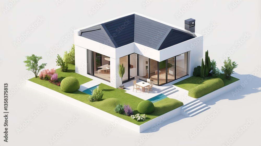 A small modern minimalist house isometric perspective, 3D model miniature A small modern minimalist house isometric perspective, 3D model miniature
