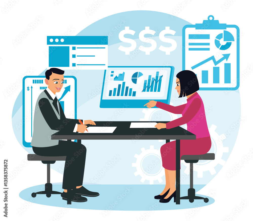 Two entrepreneurs analyze business plans using statistical data. Two entrepreneurs analyze business plans using statistical data.