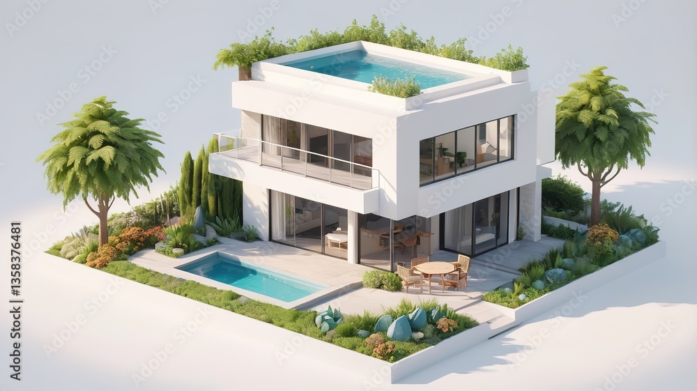 Fototapeta premium A small modern minimalist house isometric perspective,&nbsp;3D model miniature