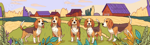 Beagle dogs farm landscape countryside scene five beagles standing in grassy field surrounded by colorful plants and barns under a clear sky rural setting