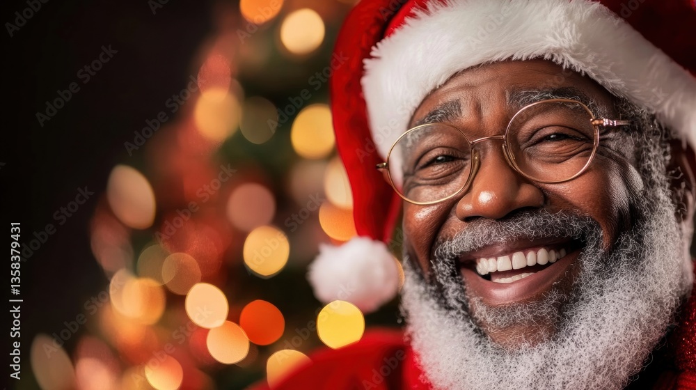 A joyful man dressed as Santa Claus shares a smile amidst colorful holiday decorations, enjoying a festive atmosphere A joyful man dressed as Santa Claus shares a smile amidst colorful holiday decorations, enjoying a festive atmosphere