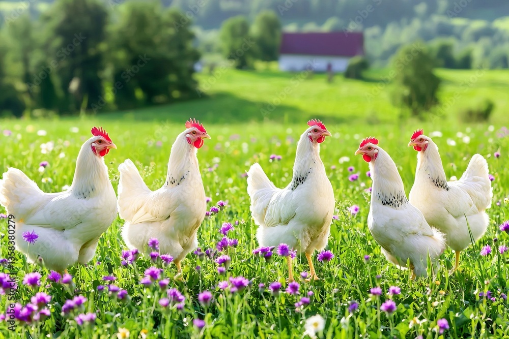 A serene scene featuring five white chickens among colorful flowers in a lush green field, with a distant barn and rolling hills in the background. A serene scene featuring five white chickens among colorful flowers in a lush green field, with a distant barn and rolling hills in the background.