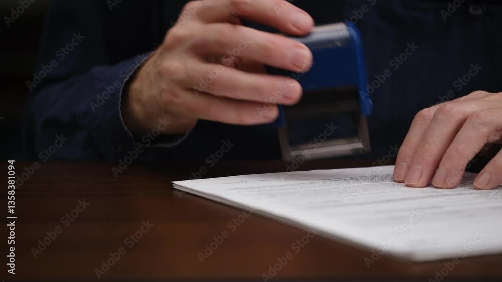 close-up male hands signing an official document and putting seal. businessman signs an agreement or contract while sitting at his desk. concept business document management. front view.