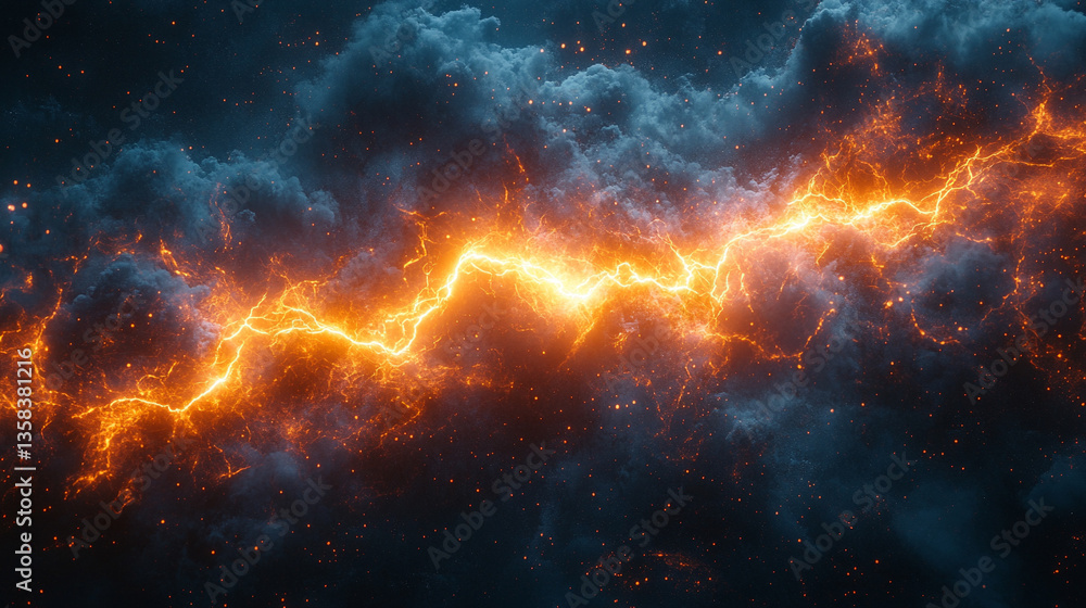 Fototapeta premium A dynamic burst of bright, colorful electric energy illuminates a dark background, symbolizing power, innovation, and high-voltage intensity with vibrant electric currents flowing dynamically.