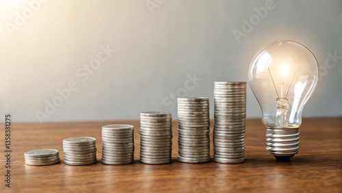 Stacks of coins arranged in ascending order with a lightbulb on a wooden surface background