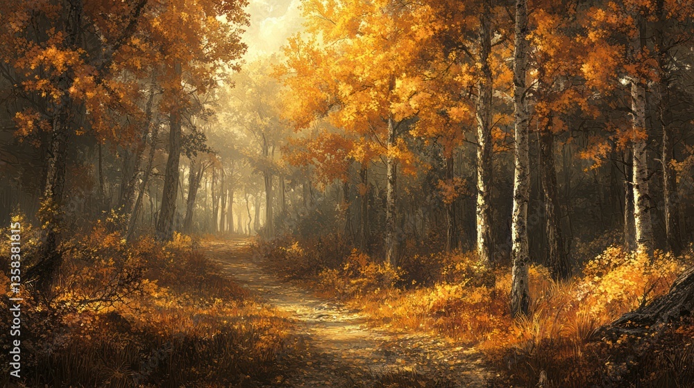Obraz premium Golden Autumn Path: A Serene Forest Walk