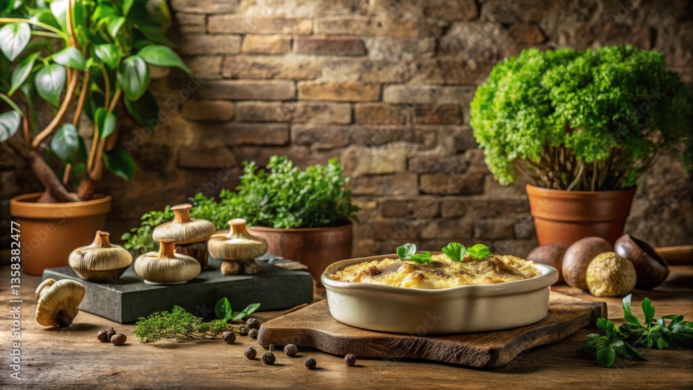 Fototapeta premium Rustic Kitchen Still Life Featuring a Creamy Baked Dish with Herbs and Mushrooms
